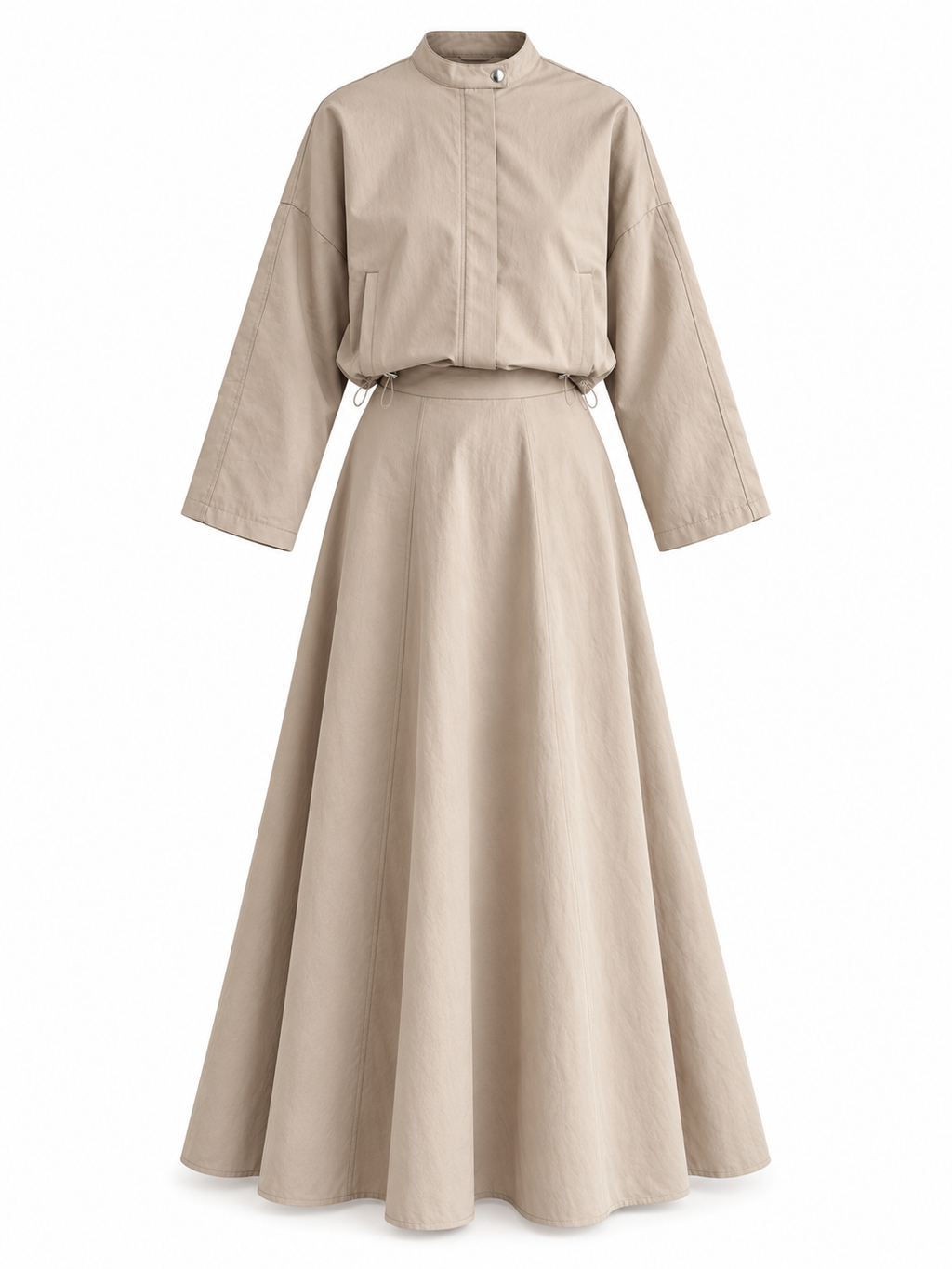 Ensemble L’Allure beige sur fond blanc : veste courte et jupe longue