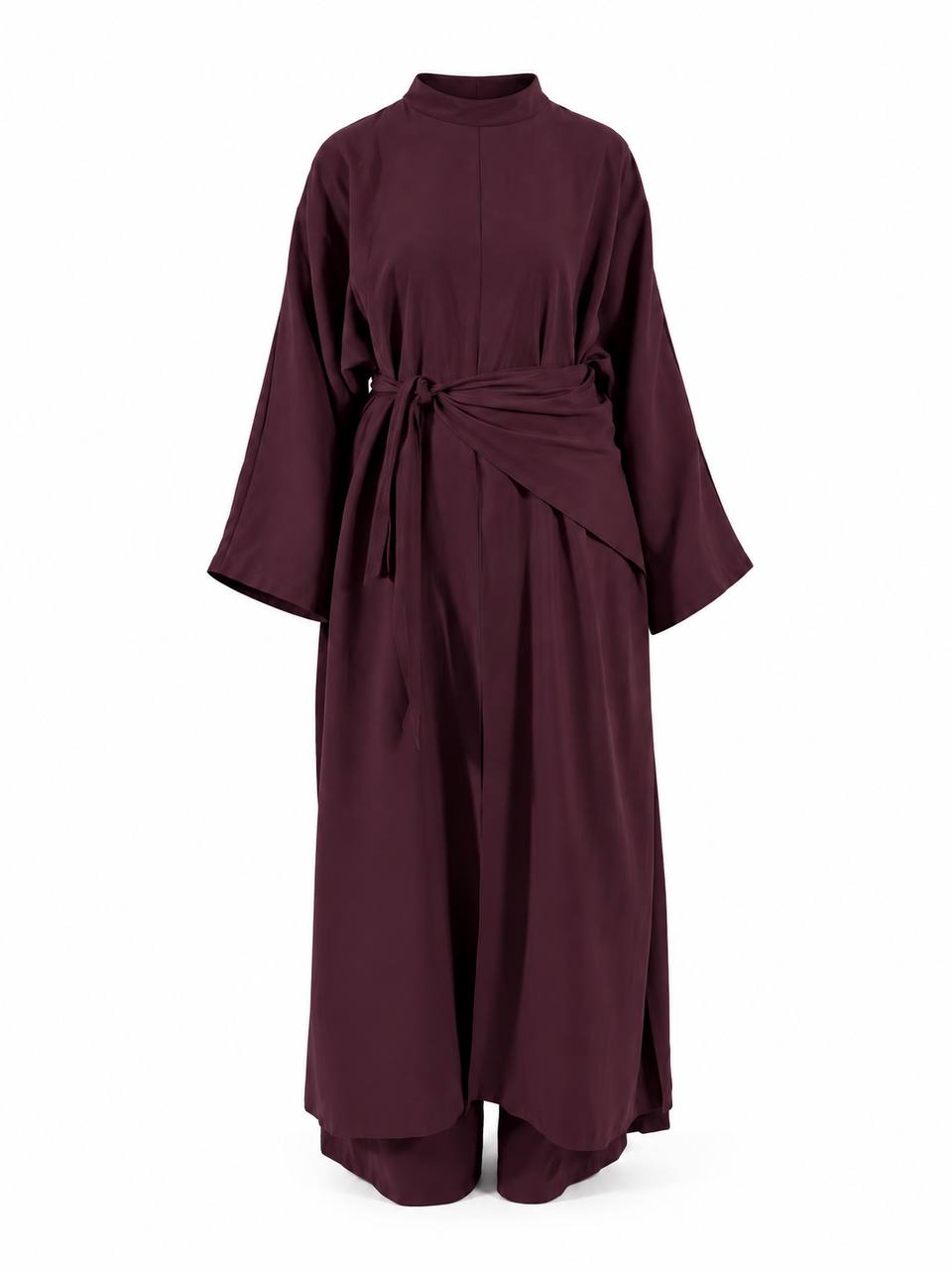 Ensemble 3 pièces L’Horizon bordeaux présenté à plat : tunique, pantalon et ceinture