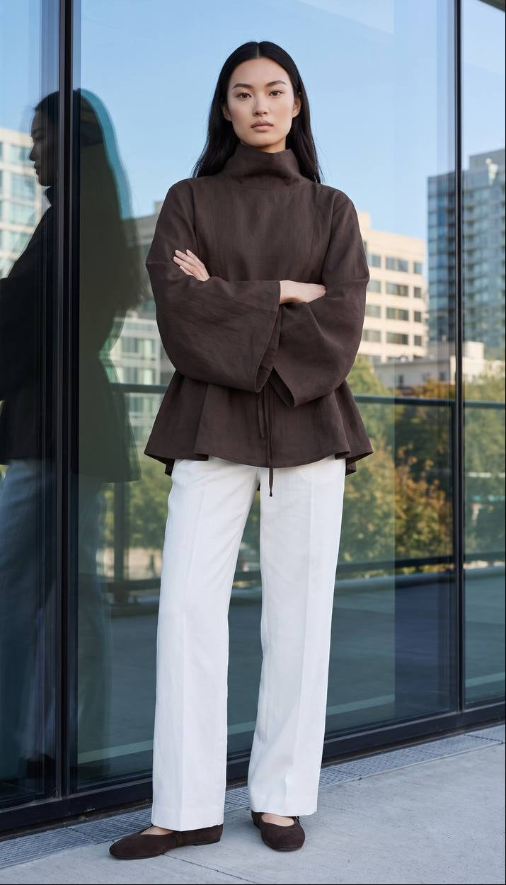 Tunique ceinturée L’Éveil marron portée avec un pantalon blanc, col montant